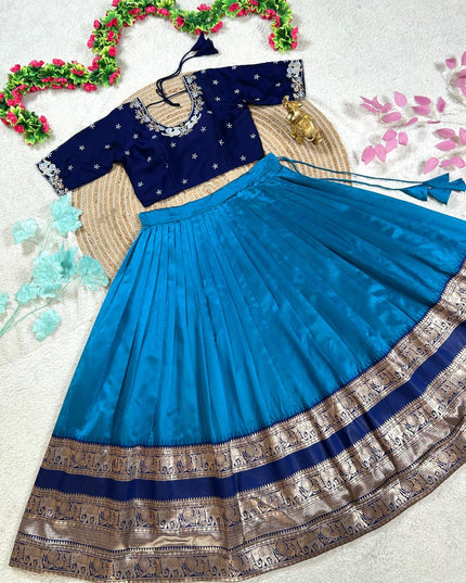 Pure Silk Lehenga Choli Set in Teal Blue | Embroidery Faux Georgette Blouse & Dupatta | Fully Stitched - Rosepetals Luxe