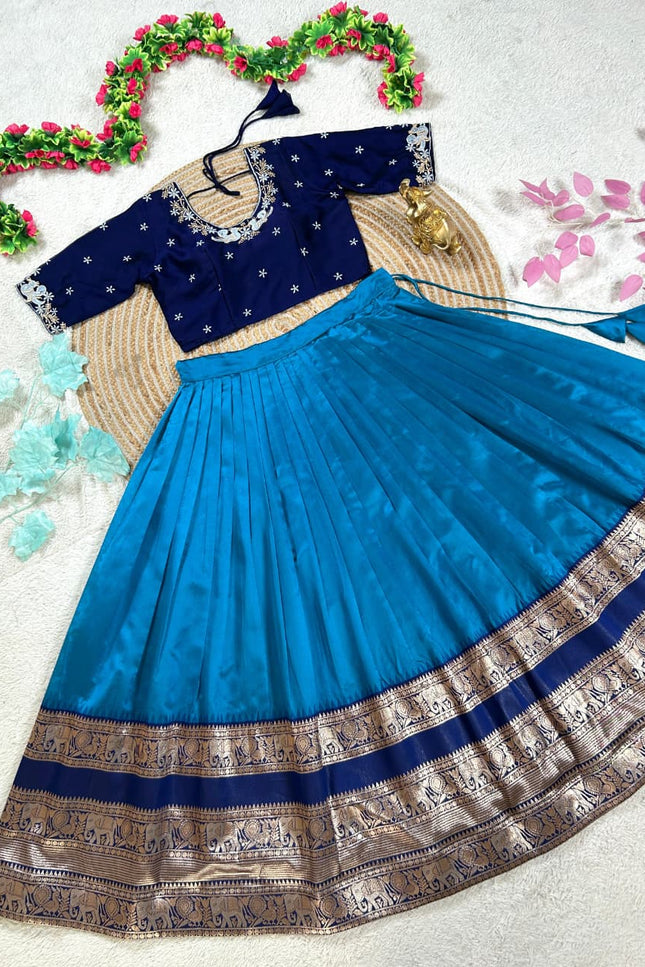 Pure Silk Lehenga Choli Set in Teal Blue | Embroidery Faux Georgette Blouse & Dupatta | Fully Stitched - Rosepetals Luxe
