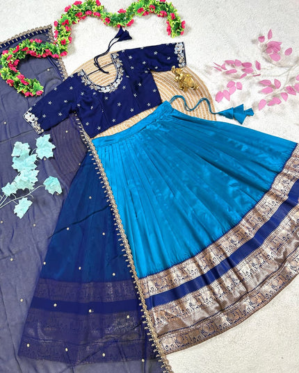 Pure Silk Lehenga Choli Set in Teal Blue | Embroidery Faux Georgette Blouse & Dupatta | Fully Stitched - Rosepetals Luxe