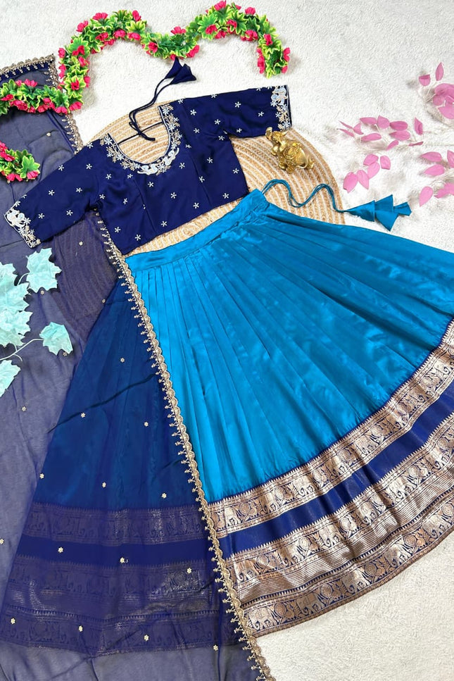 Pure Silk Lehenga Choli Set in Teal Blue | Embroidery Faux Georgette Blouse & Dupatta | Fully Stitched - Rosepetals Luxe