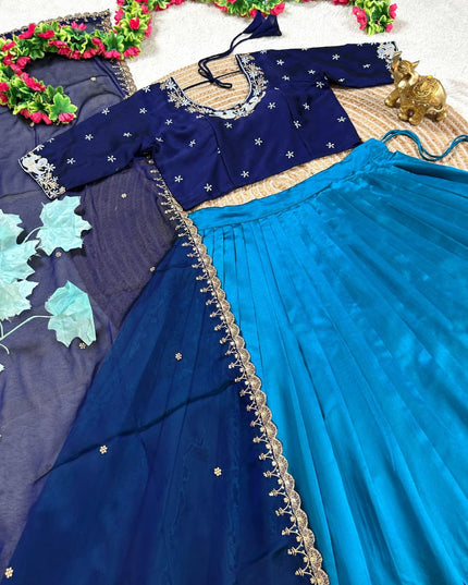 Pure Silk Lehenga Choli Set in Teal Blue | Embroidery Faux Georgette Blouse & Dupatta | Fully Stitched - Rosepetals Luxe