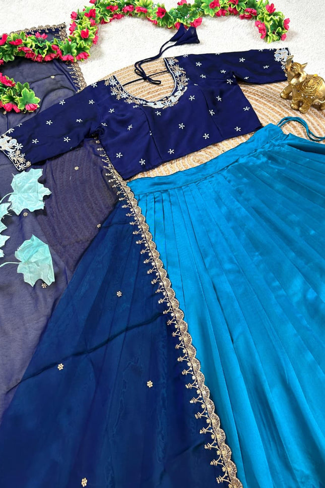 Pure Silk Lehenga Choli Set in Teal Blue | Embroidery Faux Georgette Blouse & Dupatta | Fully Stitched - Rosepetals Luxe