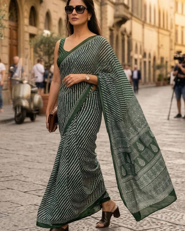Pure Soft Mulmul Cotton Hand Printed Saree With Printed Blouse Piece | Best For Summer - Rosepetals Luxe