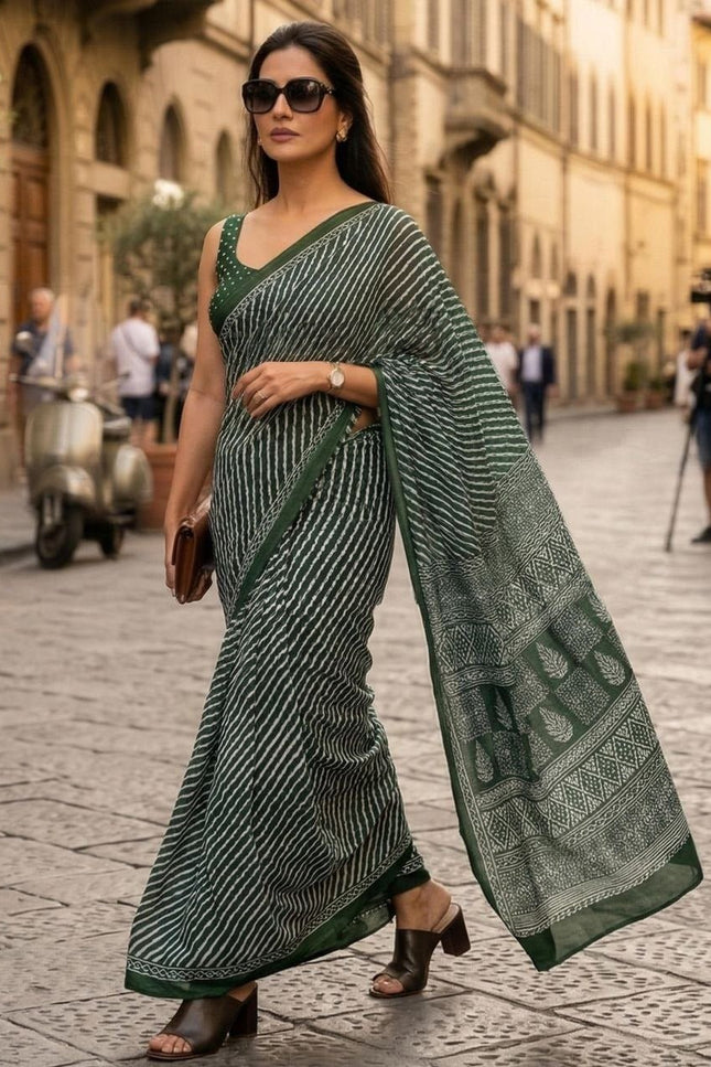 Pure Soft Mulmul Cotton Hand Printed Saree With Printed Blouse Piece | Best For Summer - Rosepetals Luxe