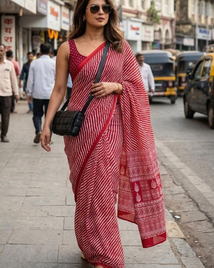 Pure Soft Mulmul Cotton Hand Printed Saree With Printed Blouse Piece | Best For Summer - Rosepetals Luxe