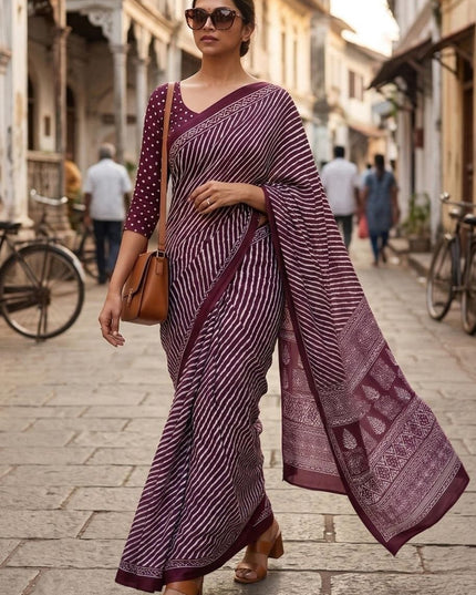 Pure Soft Mulmul Cotton Hand Printed Saree With Printed Blouse Piece | Best For Summer - Rosepetals Luxe