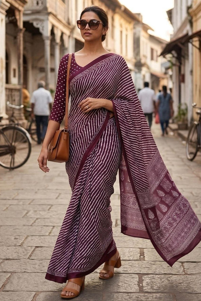 Pure Soft Mulmul Cotton Hand Printed Saree With Printed Blouse Piece | Best For Summer - Rosepetals Luxe