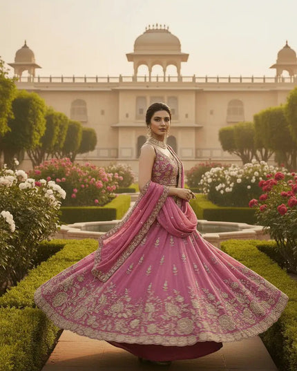 Pure Tissue Lehenga Choli Set | Zari Dori Sequins Embroidery | Rani Pink | Party & Festive Wear - Rosepetals Luxe