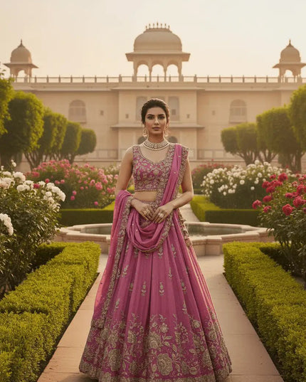 Pure Tissue Lehenga Choli Set | Zari Dori Sequins Embroidery | Rani Pink | Party & Festive Wear - Rosepetals Luxe