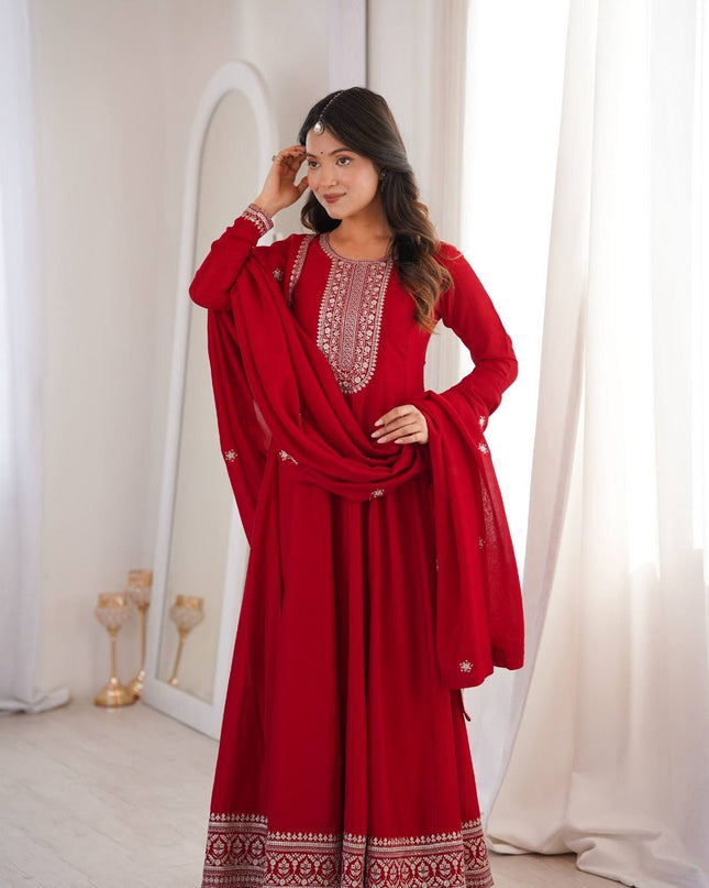 Pure Vichitra Silk Anarkali Gown with Embroidered Dupatta - Rosepetals Luxe