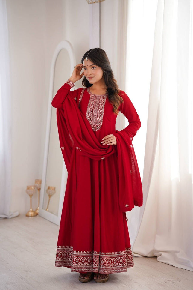 Pure Vichitra Silk Anarkali Gown with Embroidered Dupatta - Rosepetals Luxe
