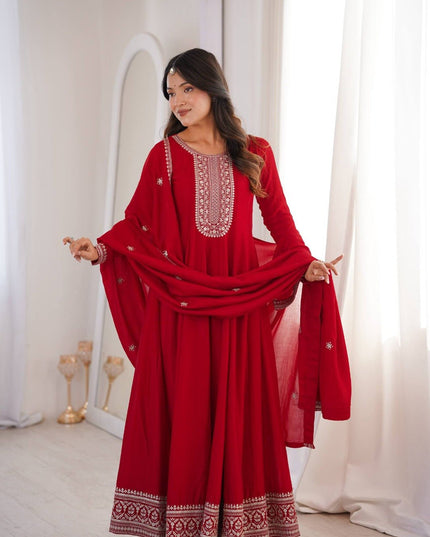 Pure Vichitra Silk Anarkali Gown with Embroidered Dupatta - Rosepetals Luxe