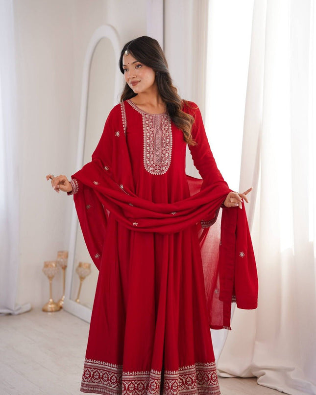 Pure Vichitra Silk Anarkali Gown with Embroidered Dupatta - Rosepetals Luxe