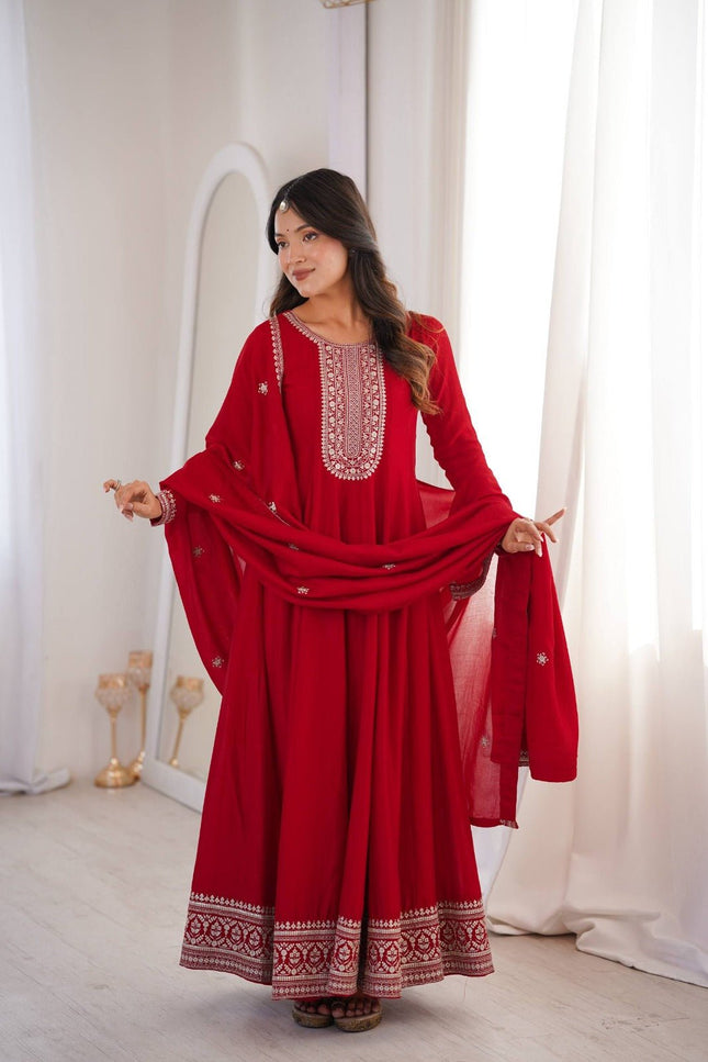 Pure Vichitra Silk Anarkali Gown with Embroidered Dupatta - Rosepetals Luxe