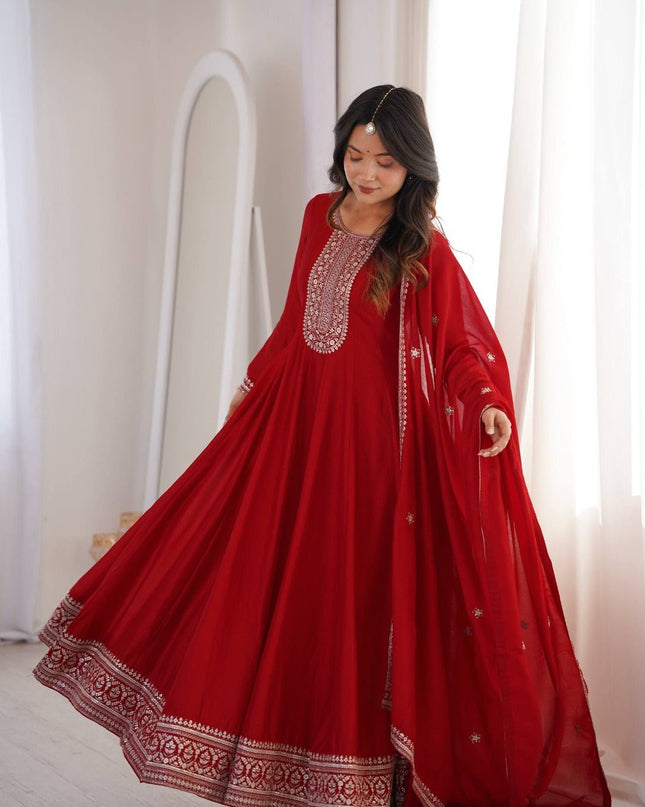 Pure Vichitra Silk Anarkali Gown with Embroidered Dupatta - Rosepetals Luxe