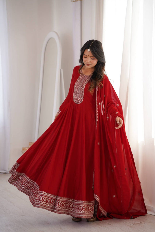 Pure Vichitra Silk Anarkali Gown with Embroidered Dupatta - Rosepetals Luxe