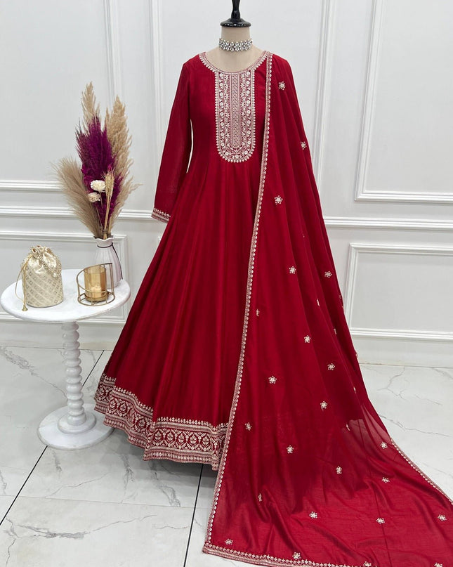 Pure Vichitra Silk Anarkali Gown with Embroidered Dupatta - Rosepetals Luxe
