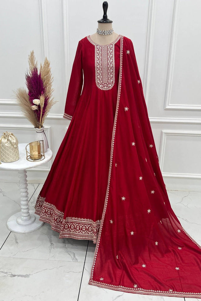 Pure Vichitra Silk Anarkali Gown with Embroidered Dupatta - Rosepetals Luxe