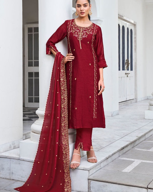 Pure Vichitra Silk Embroidered Kurta Set with Dupatta - Rosepetals Luxe