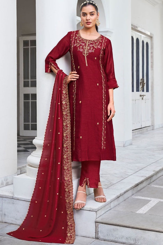 Pure Vichitra Silk Embroidered Kurta Set with Dupatta - Rosepetals Luxe