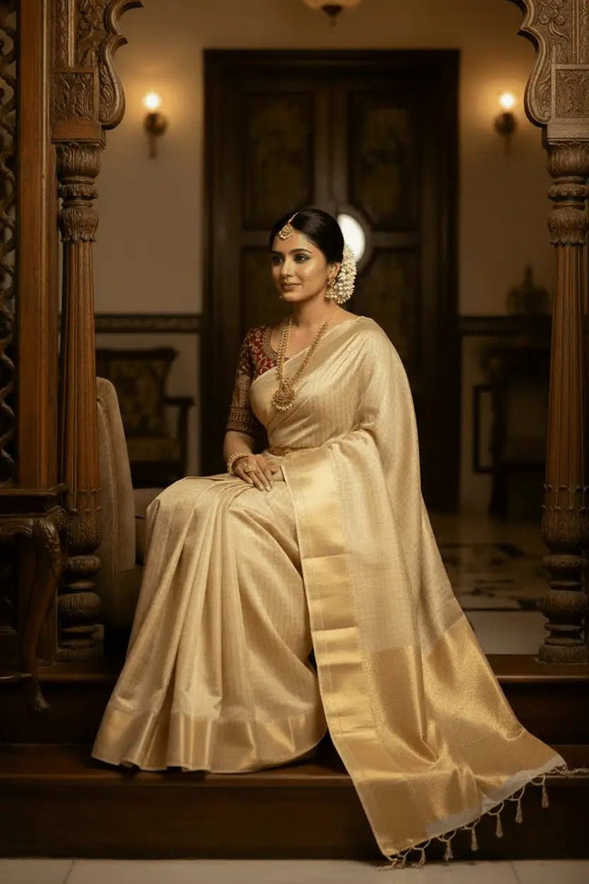 Pure Viscose Georgette Checks Saree | Satin Border | Elephant Bead Work Blouse - Rosepetals Luxe