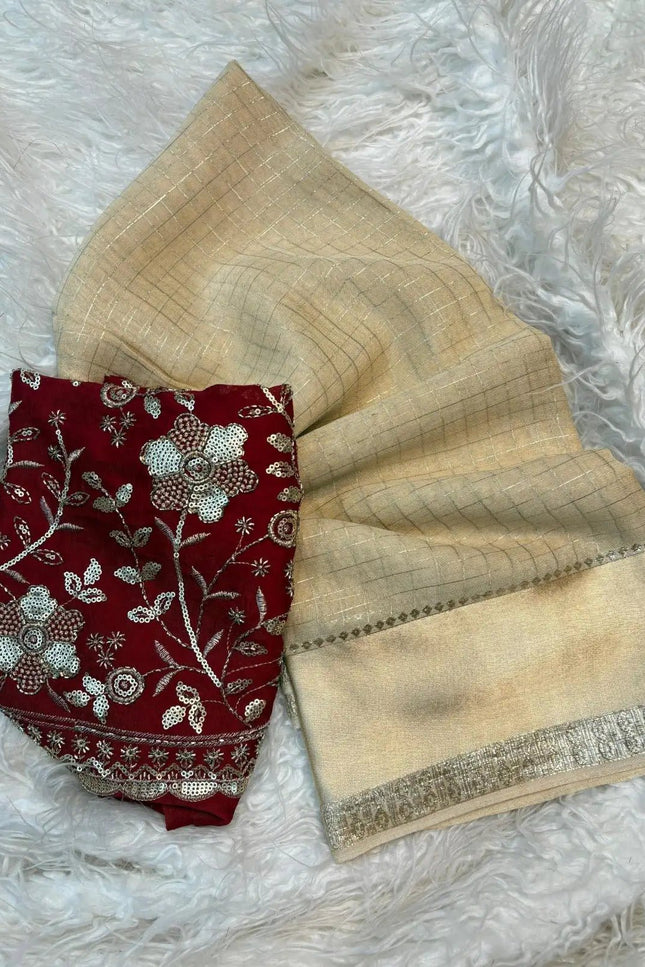 Pure Viscose Georgette Checks Saree | Satin Border | Elephant Bead Work Blouse - Rosepetals Luxe