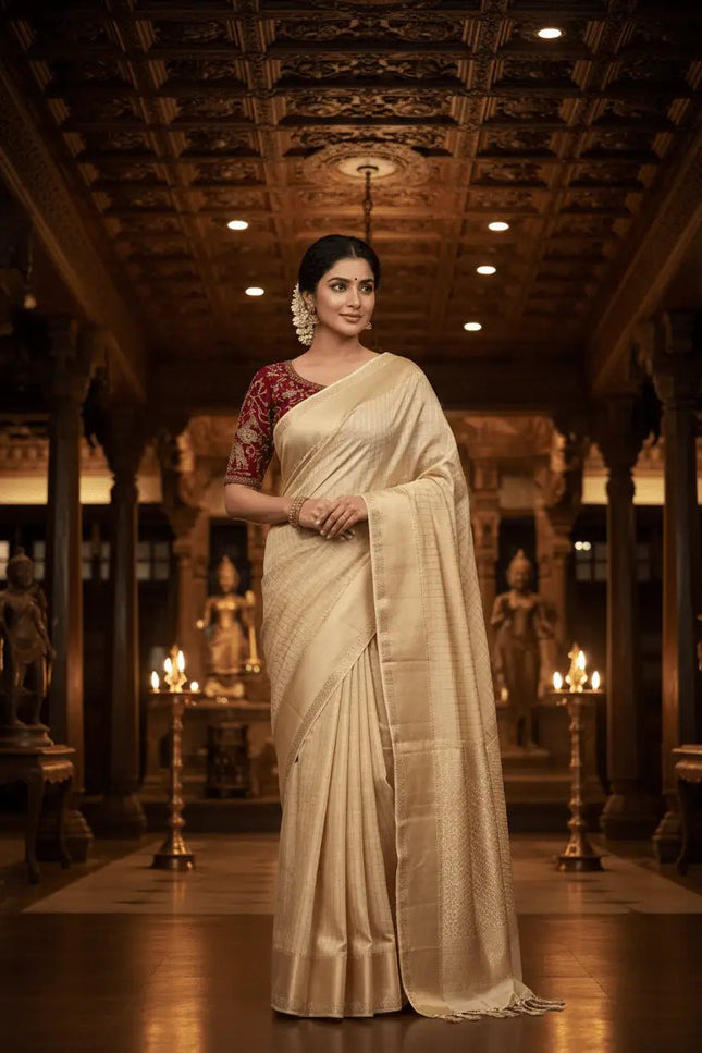 Pure Viscose Georgette Checks Saree | Satin Border | Elephant Bead Work Blouse - Rosepetals Luxe