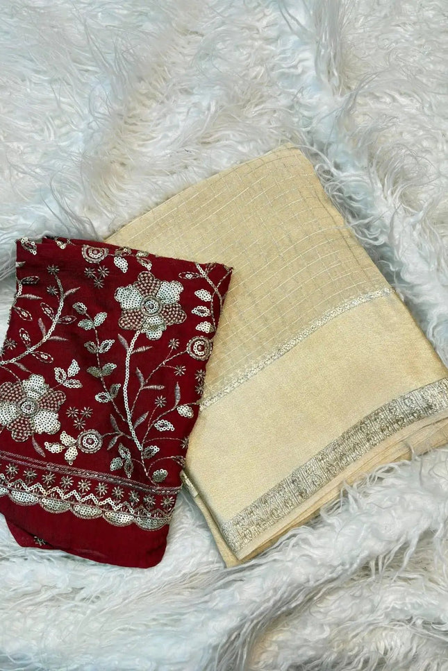 Pure Viscose Georgette Checks Saree | Satin Border | Elephant Bead Work Blouse - Rosepetals Luxe