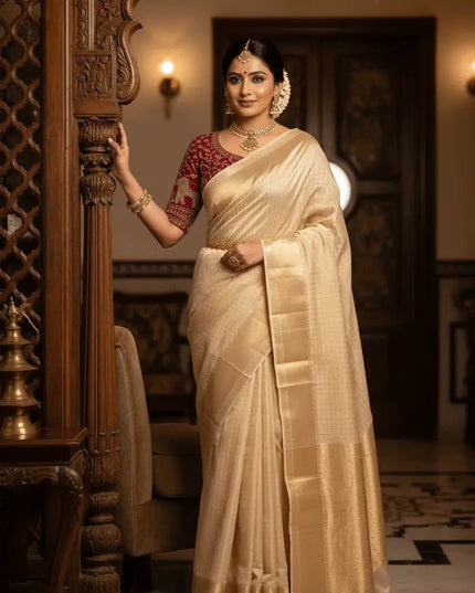 Pure Viscose Georgette Checks Saree | Satin Border | Elephant Bead Work Blouse - Rosepetals Luxe