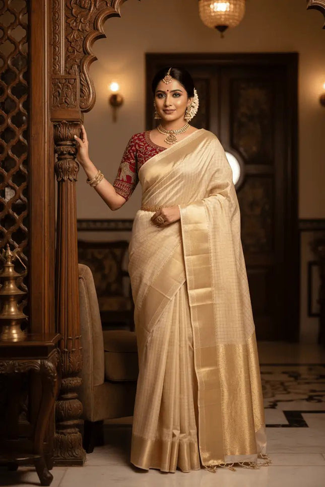 Pure Viscose Georgette Checks Saree | Satin Border | Elephant Bead Work Blouse - Rosepetals Luxe