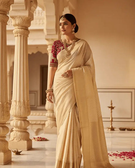 Pure Viscose Georgette Checks Saree | Satin Border | Elephant Bead Work Blouse - Rosepetals Luxe