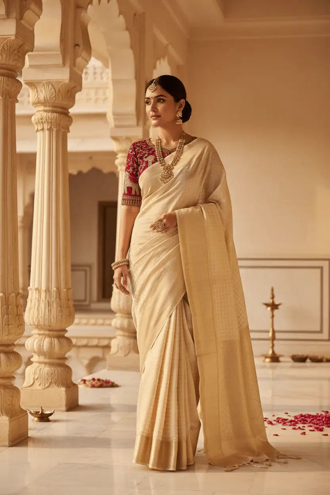 Pure Viscose Georgette Checks Saree | Satin Border | Elephant Bead Work Blouse - Rosepetals Luxe