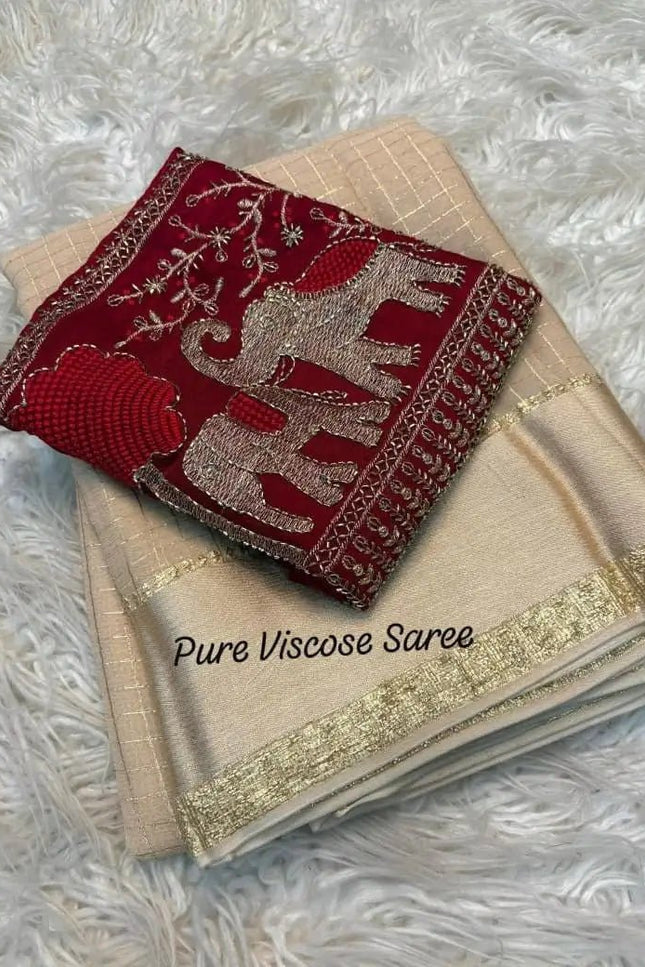 Pure Viscose Georgette Checks Saree | Satin Border | Elephant Bead Work Blouse - Rosepetals Luxe