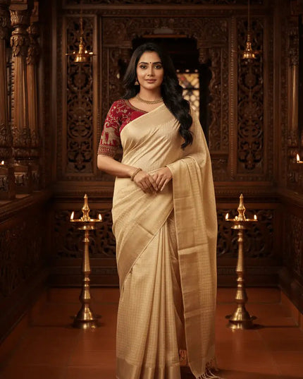 Pure Viscose Georgette Checks Saree | Satin Border | Elephant Bead Work Blouse - Rosepetals Luxe