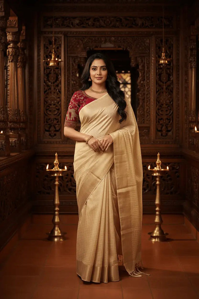 Pure Viscose Georgette Checks Saree | Satin Border | Elephant Bead Work Blouse - Rosepetals Luxe