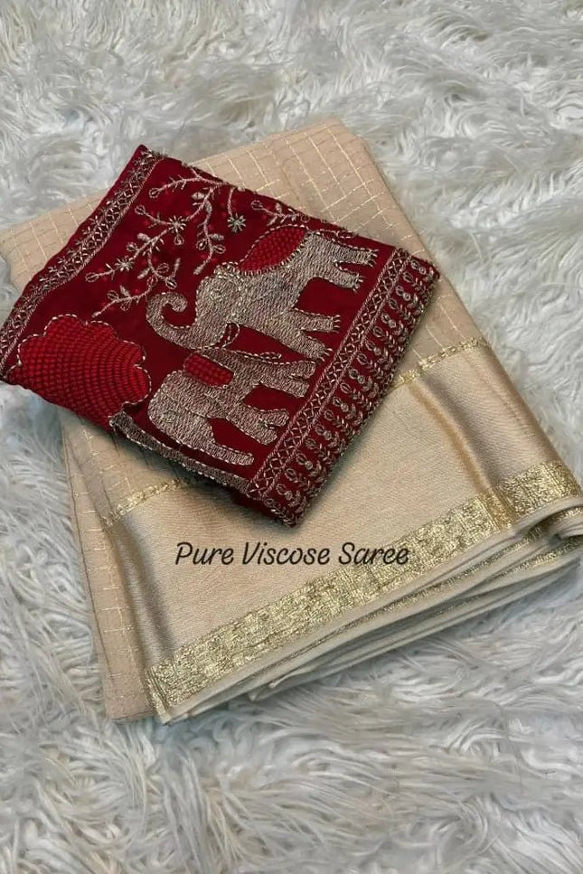 Pure Viscose Georgette Checks Saree | Satin Border | Elephant Bead Work Blouse - Rosepetals Luxe