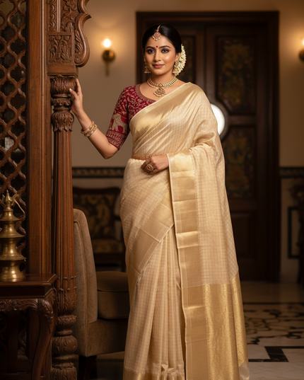 Pure Viscose Georgette Checks Saree | Satin Border | Elephant Bead Work Blouse - Rosepetals Luxe