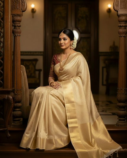 Pure Viscose Georgette Checks Saree | Satin Border | Elephant Bead Work Blouse - Rosepetals Luxe