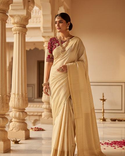 Pure Viscose Georgette Checks Saree | Satin Border | Elephant Bead Work Blouse - Rosepetals Luxe