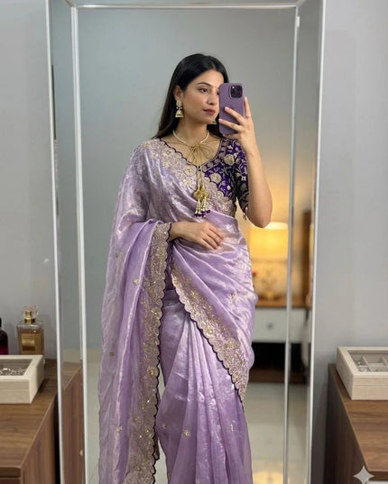 Purple Fendi Satin Dual Tone Sequence Work Saree With Contrast Stitched Blouse - Rosepetals Luxe