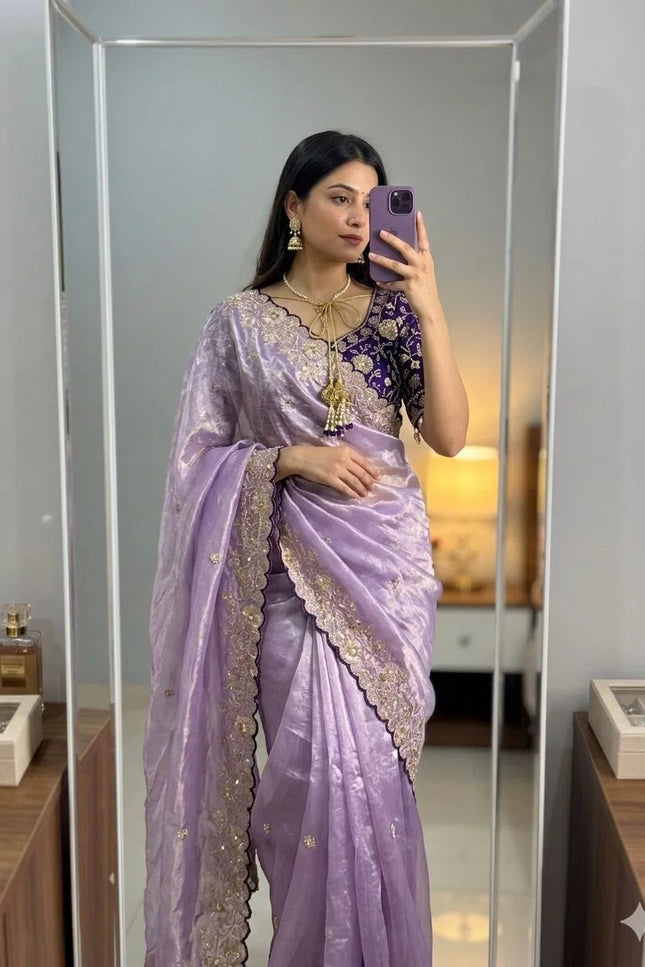 Purple Fendi Satin Dual Tone Sequence Work Saree With Contrast Stitched Blouse - Rosepetals Luxe