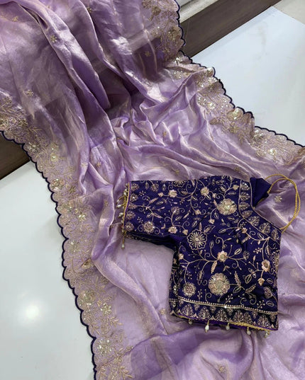Purple Fendi Satin Dual Tone Sequence Work Saree With Contrast Stitched Blouse - Rosepetals Luxe