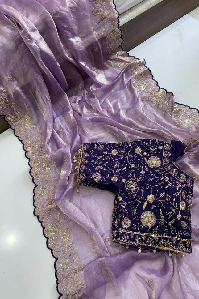 Purple Fendi Satin Dual Tone Sequence Work Saree With Contrast Stitched Blouse - Rosepetals Luxe