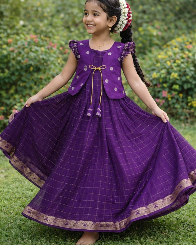 Purple Koti Gown | Kids Pure Viscose Georgette Hand Dyed - Rosepetals Luxe