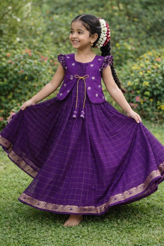 Purple Koti Gown | Kids Pure Viscose Georgette Hand Dyed - Rosepetals Luxe