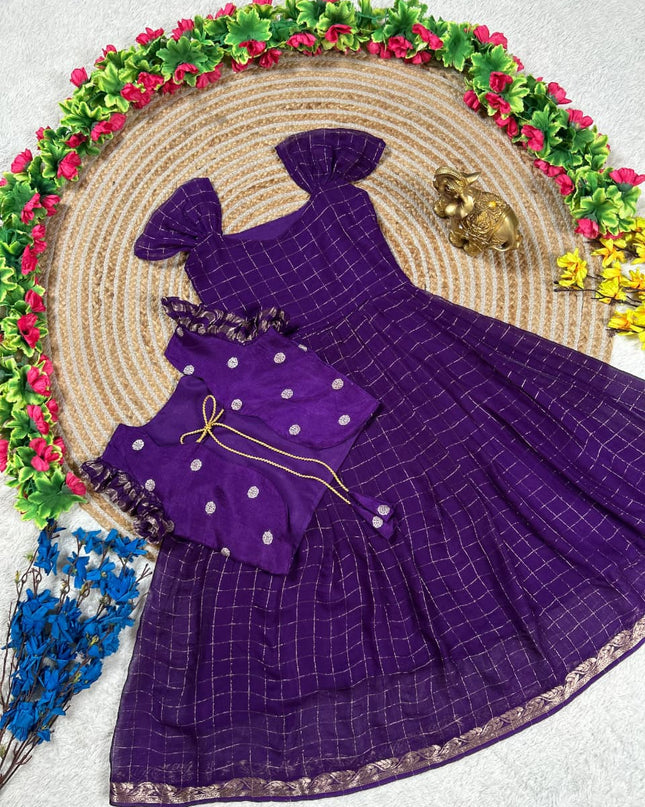 Purple Koti Gown | Kids Pure Viscose Georgette Hand Dyed - Rosepetals Luxe