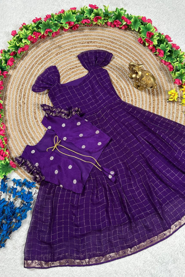 Purple Koti Gown | Kids Pure Viscose Georgette Hand Dyed - Rosepetals Luxe
