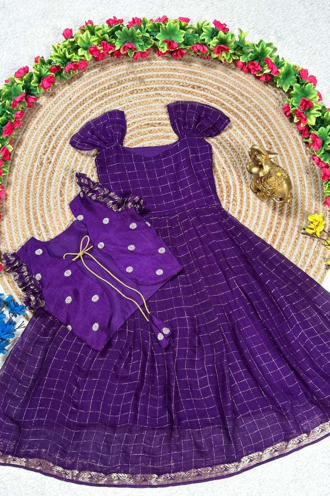 Purple Koti Gown | Kids Pure Viscose Georgette Hand Dyed - Rosepetals Luxe