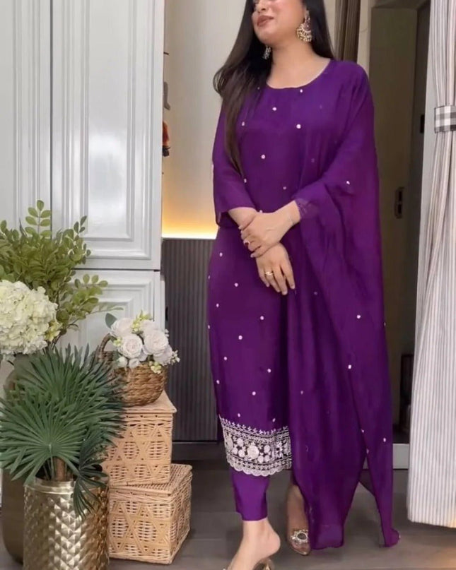 Purple Viscose Chinon Embroidery Top, Pant and Dupatta Set - Rosepetals Luxe