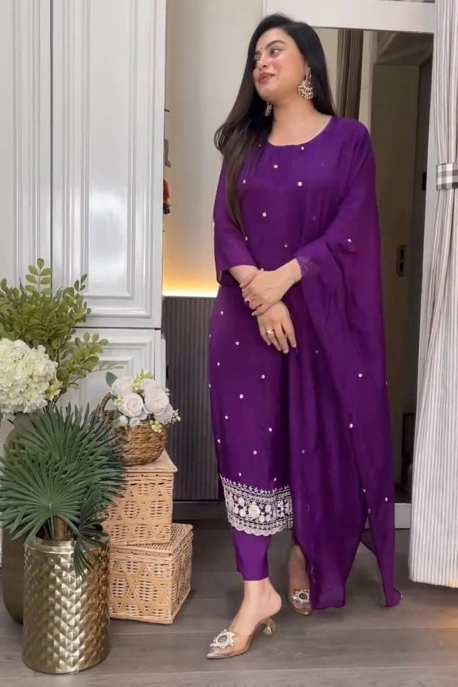 Purple Viscose Chinon Embroidery Top, Pant and Dupatta Set - Rosepetals Luxe